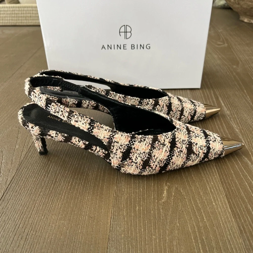 Anine Bing Nina Slingback Heels with Metal Toe in Black/Cream/Apricot Tweed - Picture 4 of 11